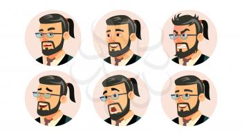 Boss CEO Character Business People Avatar Vector. Modern Office Bearded Boss Man Face, Emotions Set. Placeholder. Cartoon Illustration