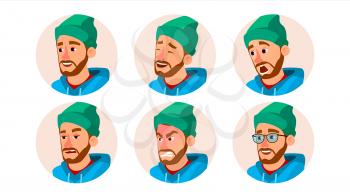 Bearded Man Avatar Vector. Character Business People Avatar. Cap, Hat. Face Emotions Set. Cartoon Art Illustration