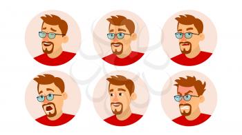 Bearded Man Avatar Vector. Character Business People Avatar. Face Emotions Set. Cartoon Art Illustration