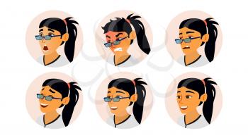 Asian Woman Avatar Vector. Asiatic Woman Face, Emotions Set. Character Business People. Illustration