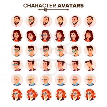 People Avatar Set Vector. Man, Woman. User Person. Trendy Image. Comic Face Art. Cheerful Worker. Round Portrait. Cute Employer. Flat Cartoon Character Illustration