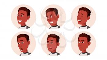 Avatar Icon Man Vector. Black. African. Facial Emotions. Round Portrait. Cute Employer. Happiness, Unhappy Isolated Flat Cartoon Illustration