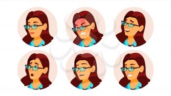 Woman Avatar People Vector. Facial Emotions. Comic Face Art. Pretty User. Secretary, Accountant. Happy, Unhappy. Circle Pictogram Isolated Cartoon Illustration