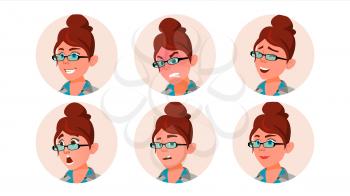 Woman Avatar People Vector. Facial Emotions. Comic Face Art. Pretty User. Secretary, Accountant. Happy, Unhappy. Circle Pictogram. Isolated Cartoon Character Illustration