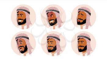 Arab Avatar Icon Man Vector. Traditional Clothes. Facial Emotions. Round Portrait. Cute Employer. Happiness, Unhappy. Beauty Gentleman. Isolated Flat Cartoon Illustration