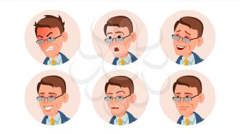 Business Avatar Man Vector. Facial Emotions. User Portrait. Modern Employer. Various Head. Communication. Isolated Flat Cartoon Illustration