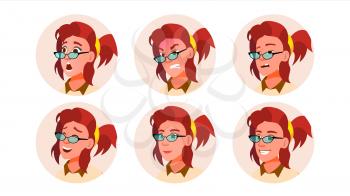 Avatar Woman Vector. Facial Emotions. User Portrait. Scared, Aggressive. Happiness, Unhappy. Modern Employer Isolated Flat Cartoon Illustration