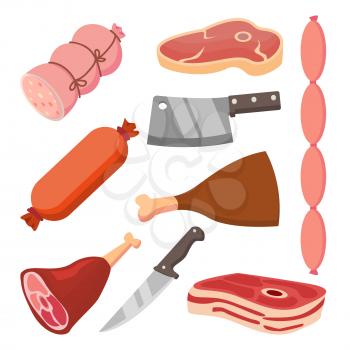 Fresh Meat Vector Set. Sausages, Knife. Flat Food Icons. Isolated Cartoon