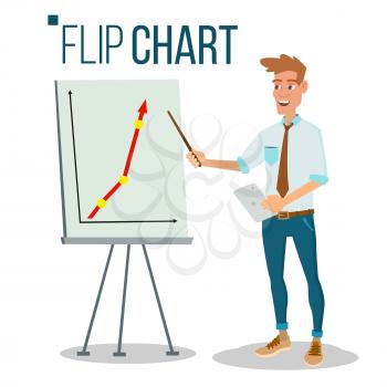 Flip Chart Seminar Concept Vector. Man Showing Presentation. Flat Cartoon Isolated Illustration. Business Info Graphic. Pie Graph