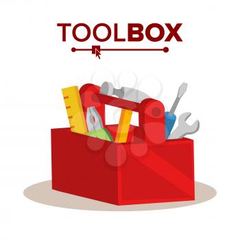 Red Classic Toolbox Vector. Full Of Equipment. Flat Cartoon Isolated
