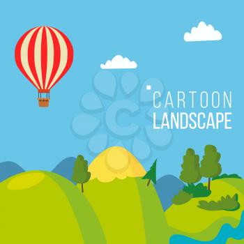 Cartoon Landscape Background Vector. Spring, Summer Season Meadow Landscape. Tree, Green Field, Clouds. Cartoon Flat