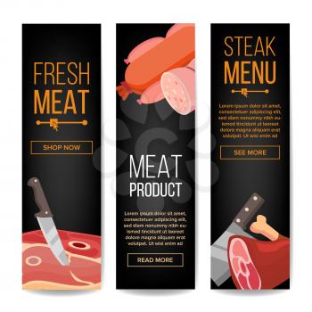 Meat Product Vertical Promo Banners Vector. For Grill Bar Promo Design. Isolated