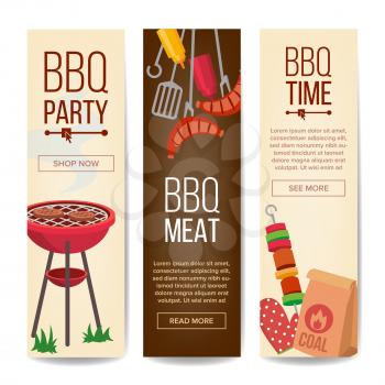 BBQ Vertical Promotion Banners Vector. Barbecue, Charcoal, Hamburgers Isolated