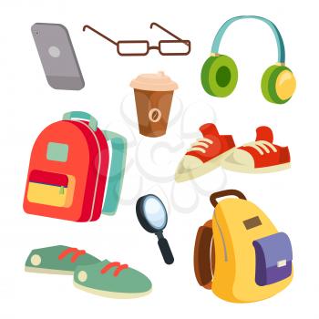 Students Items Accessories Set Vector. Colorful School Backpacks. Glasses, Phone, Coffee Mug, Sneakers, Headphones Magnifier Isolated
