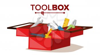 Red Classic Toolbox Vector. Full Of Equipment. Flat Cartoon Isolated