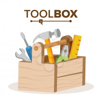 Wooden Classic Toolbox Vector. Full Of Equipment. Flat Cartoon Isolated