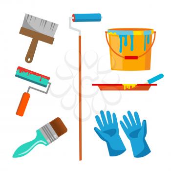 Wall Painting Items Vector. Accessories Set. Roll Brush, Paint, Bucket, Gloves Isolated Cartoon