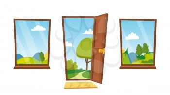 Opened Door And Windows Vector. Cartoon Flat Summer Landscape. Home Interior. Front View. Freedom Concept. Isolated Illustration.