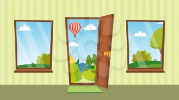 Open Door And Windows Vector. Cartoon Landscape. Front View. Home Interior. Flat Isolated Illustration.