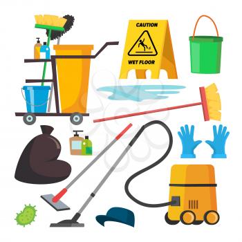 Cleaning Supplies Vector. Professional Commercial Cleaning Equipment Set. Cart, Vacuum Cleaner. Isolated Illustration.