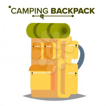 Hiking Backpack Vector. Tourist Hiking Back Pack With Sleeping Bag. Camping And Mountain Exploring. Flat Illustration