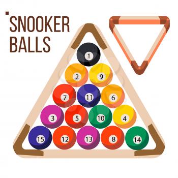 Pool Billiard Balls Vector. Snooker. Wooden Rack. Flat Illustration