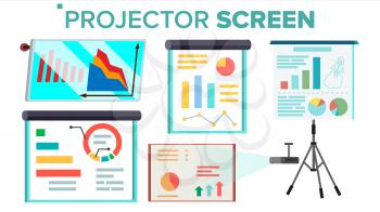 Projector Screen Set Vector. Presentation With Graph. Whiteboard. Seminar, Lecture, Business Conferences, Training Meeting Isolated Illustration