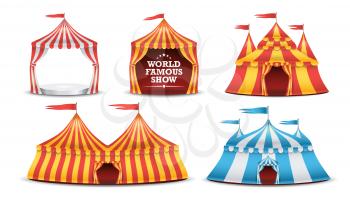 Circus Tent Set Vector. Multicolored Funfair, Carnival Holidays Concept