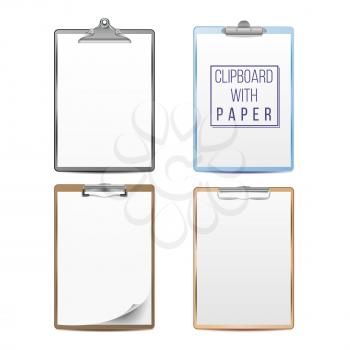 Realistic Clipboard With Paper Vector. Mock up For Your Design. A4 Size. Isolated On White Background Illustration