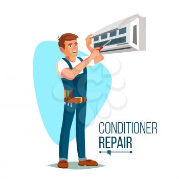 Air Conditioner Repair Service Vector. Young Man Repairing Air Conditioner. Cartoon Character Illustration
