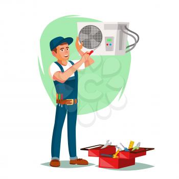 Air Conditioner Repair Service Vector. Technician Repairing Classic Conditioner On The Wall. Isolated On White Cartoon Character Illustration