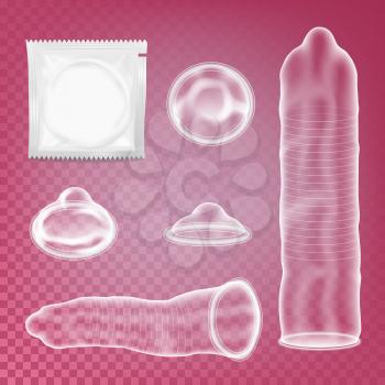 Condoms Set Vector. Sexual Protection Concept. Birth Control. Isolated On Transparent Background Illustration