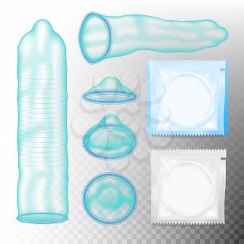 Realistic Condom Vector. Contraceptive method Concept. Unpacked And Packed Condoms. Male Contraceptive For Safety Sex. Isolated On Transparent Background Illustration