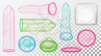 Realistic Condoms Vector. Aids Protection. Unpacked And Packed Condoms. Contraceptive And Sexual Protection Concept. Isolated On Transparent Background Illustration