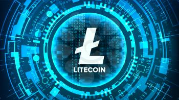 Litecoin Abstract Technology Background Vector. Binary Code. Fintech Blockchain. Cryptography. Cryptocurrency Mining Concept