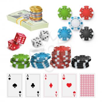 Poker Design Elements Vector. Money Stacks, Chips, Playing Gambling Cards. Royal Casino Retro Poker Club Illustration