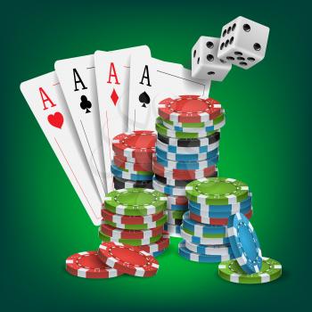 Casino Poker Design Vector. Poker Cards, Chips, Playing Gambling Cards. Royal Poker Club Emblem Concept. Fortune Background Realistic Illustration