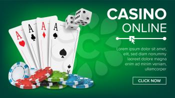 Casino Poker Design Vector. Online Casino Lucky Background Concept. Poker Cards, Chips, Playing Gambling Cards. Realistic Illustration