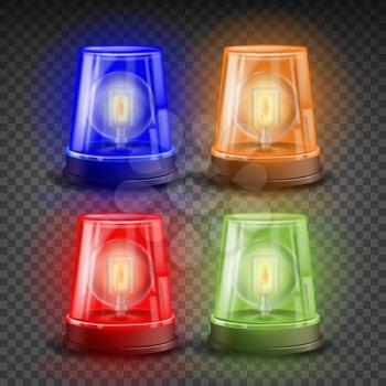 Realistic Flasher Siren Set Vector. Red, Orange, Green, Blue. 3D Realistic Object. Light Effect. Rotation Beacon. Emergency Flashing Siren. Isolated On Transparent Background