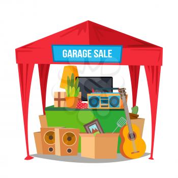 Garage Sale Vector. Sale Items. Preparing A Yard Sale. Isolated Flat Cartoon Character