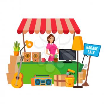 Yard Sale Vector. Household Items Sale. Woman Manning a Garage Sale. Cartoon Character Illustration