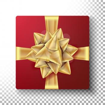 Christmas Gift With Gold Bow Vector. Design Element For Brochure, Poster, Banner. Top View. Isolated