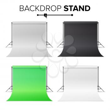 Photo Studio Hromakey Set Vector. Modern Photo Studio. Black, White, Green Backdrop Stand Tripods. Realistic 3D Template Mock Up. Isolated