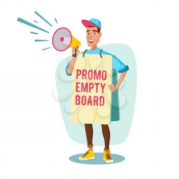 Retail Sales Industry Promoters Vector. Person Standing With Blank Advertising Poster. Expressing Active Position For Rights. Man Holding Empty Board. Cartoon Character Illustration