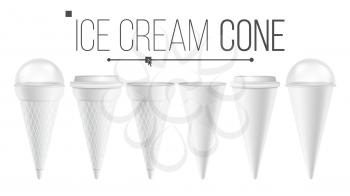 White Ice Cream Cone Mock Up Set Vector. For Ice Cream, Sour Cream. Different Food Bucket Cone Container. White Empty Blank. Isolated