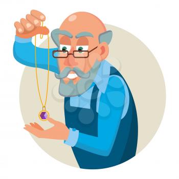 Jeweler Diamond Expert Vector. Jewels And Diamonds. Man Examines Faceted Diamond In Workplace. Cartoon Character Illustration