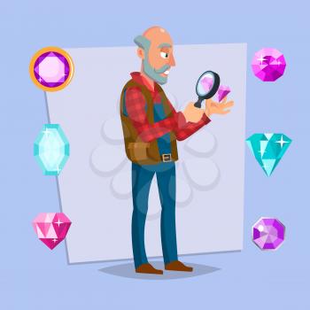 Jeweler Valuer Isolated Man Vector. Professional Classic Jeweler Examines The Diamond. Cartoon Character Illustration