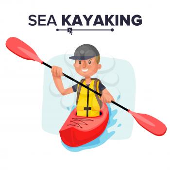 Kayaking Man Vector. Rafting. Vest Jacket, Paddle Oar, Kayak Boat. Kayaking Water Sport. Flat Cartoon