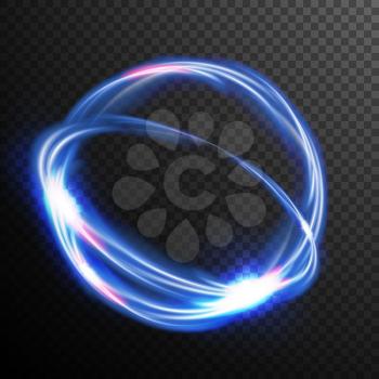 Blue Circles Glow Light Effect Vector. Swirl Trail Effect. Energy Ray Streaks. Abstract Lens Flares. Design Element For Poster, Technology Future Concept. Transparent Background Illustration