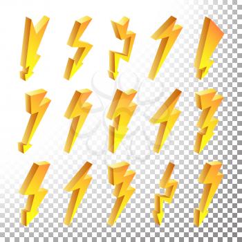 Lightning Sign Vector Set. Cartoon Golden 3D Lightning Isolated Illustration. Flash Of lightning. Thunder Bolt Symbols.